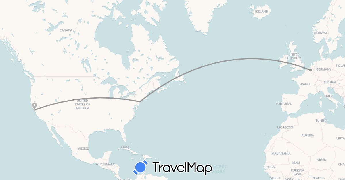 TravelMap itinerary: plane in Belgium, United States (Europe, North America)
